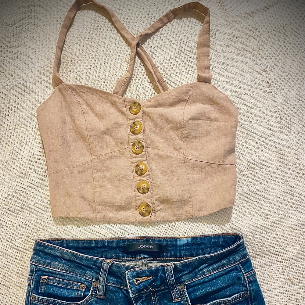 Small Beige Button-Front Crop Top with adjustable Straps